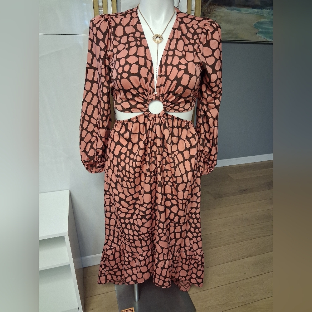 Indulge Brown and Black Geometric Long Sleeve Dress